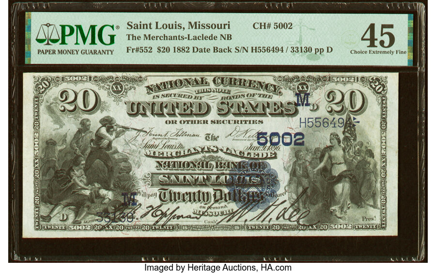 image for: Saint Louis, MO - $20 1882 Date Back Fr. 552 The Merchants-Laclede National Bank Ch. # (M)5002 PMG Choice Extremely Fine 45....