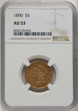 image for: 1890 $5 AU53 NGC. NGC Census: (3/72). Mintage 4,240. ...