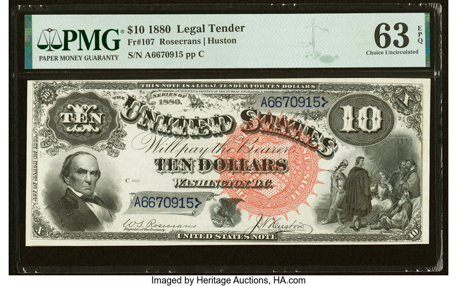 image for: Fr. 107 $10 1880 Legal Tender PMG Choice Uncirculated 63 EPQ....