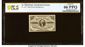 image for: Fr. 1227 3¢ Third Issue PCGS Banknote Gem Unc 66 PPQ....