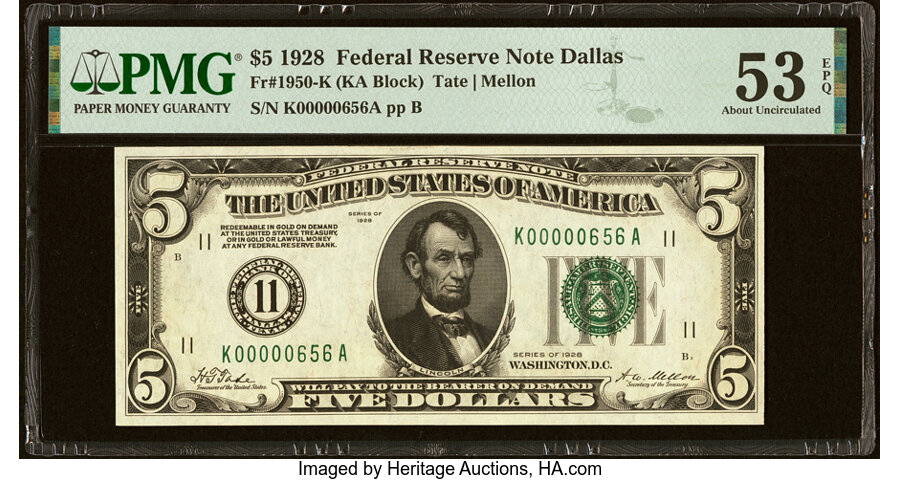 image for: Low Serial Number 00000656 Fr. 1950-K $5 1928 Federal Reserve Note. PMG About Uncirculated 53 EPQ....