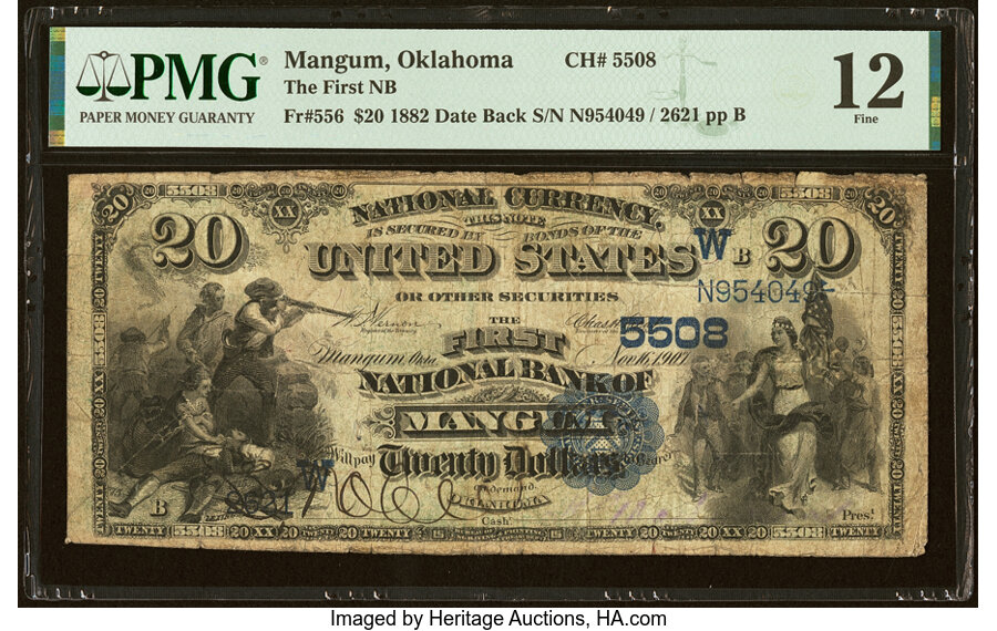 image for: Mangum, OK - $20 1882 Date Back Fr. 556 The First National Bank Ch. # (W)5508 PMG Fine 12....
