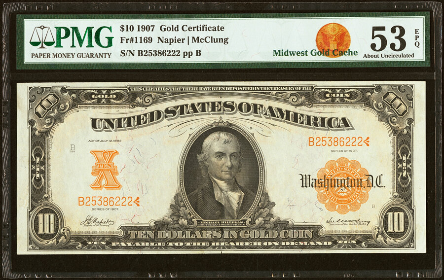 image for: Fr. 1169 $10 1907 Gold Certificate PMG About Uncirculated 53 EPQ....