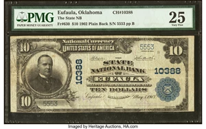 image for: Eufaula, OK - $10 1902 Plain Back Fr. 630 The State National Bank Ch. # 10388 PMG Very Fine 25....
