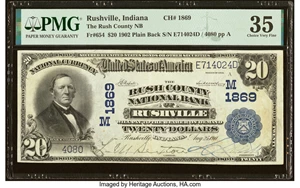 image for: Rushville, IN - $20 1902 Plain Back Fr. 654 The Rush County National Bank Ch. # (M)1869 PMG Choice Very Fine 35....
