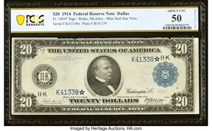 image for: Fr. 1004* $20 1914 Federal Reserve Star Note PCGS Banknote About Unc 50 Details....