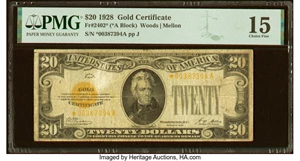 image for: Fr. 2402* $20 1928 Gold Certificate Star. PMG Choice Fine 15....