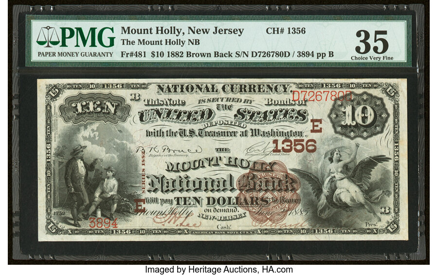 image for: Mount Holly, NJ - $10 1882 Brown Back Fr. 481 The Mount Holly National Bank Ch. # (E)1356 PMG Choice Very Fine 35....