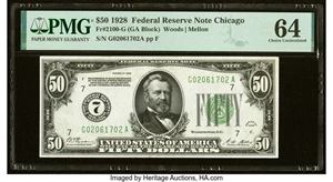 image for: Fr. 2100-G $50 1928 Federal Reserve Note. PMG Choice Uncirculated 64....