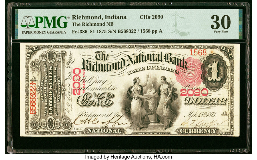 image for: Richmond, IN - $1 1875 Fr. 386 The Richmond National Bank Ch. # 2090 PMG Very Fine 30....