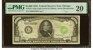 image for: Fr. 2211-G $1,000 1934 Light Green Seal Federal Reserve Note. PMG Very Fine 20....