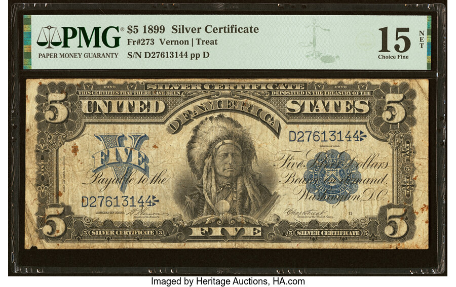 image for: Fr. 273 $5 1899 Silver Certificate PMG Choice Fine 15 Net....