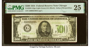 image for: Fr. 2201-G $500 1934 Light Green Seal Federal Reserve Note. PMG Very Fine 25....
