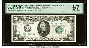 image for: Fr. 2050-F $20 1928 Federal Reserve Note. PMG Superb Gem Unc 67 EPQ....