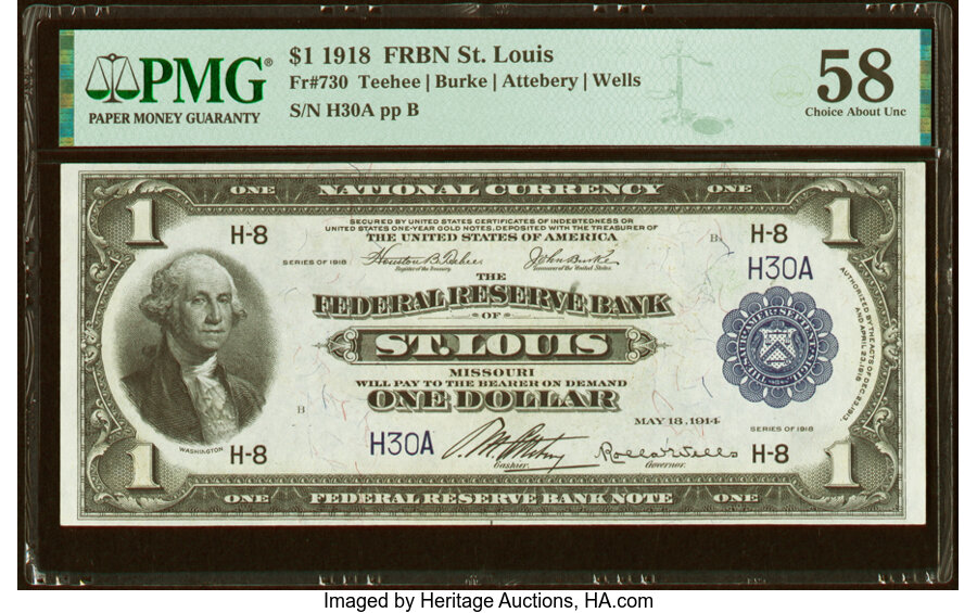 image for: Low Serial Number H30A Fr. 730 $1 1918 Federal Reserve Bank Note PMG Choice About Unc 58....