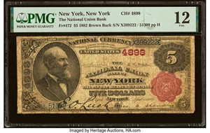 image for: New York, NY - $5 1882 Brown Back Fr. 472 The National Union Bank Ch. # 4898 PMG Fine 12....