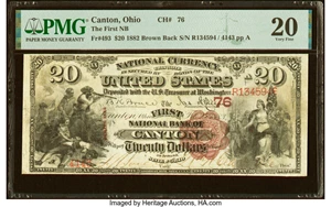 image for: Canton, OH - $20 1882 Brown Back Fr. 493 The First National Bank Ch. # 76 PMG Very Fine 20....
