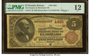 image for: El Dorado, KS - $5 1882 Brown Back Fr. 474 The Farmers & Merchants National Bank Ch. # (W)4981 PMG Fine 12....