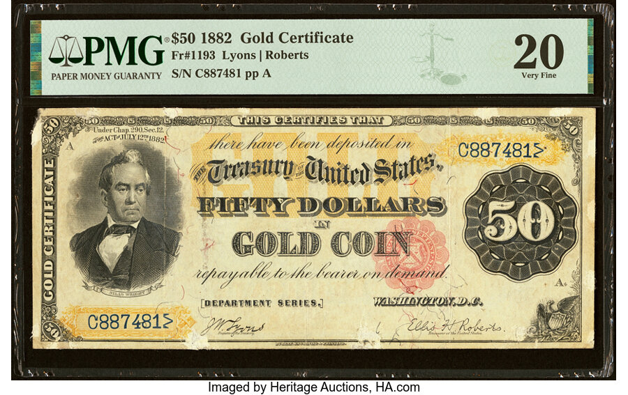 image for: Fr. 1193 $50 1882 Gold Certificate PMG Very Fine 20....