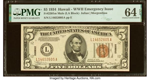 image for: Fr. 2301 $5 1934 Mule Hawaii Federal Reserve Note. PMG Choice Uncirculated 64 EPQ....