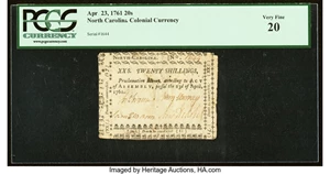 image for: North Carolina April 23, 1761 20s PCGS Very Fine 20....