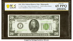 image for: Fr. 2054-I $20 1934 Light Green Seal Federal Reserve Note. PCGS Banknote Gem Unc 65 PPQ....