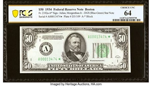 image for: Fr. 2102-A* $50 1934 Federal Reserve Star Note. PCGS Banknote Choice Unc 64....