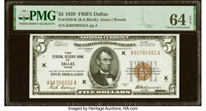 image for: Fr. 1850-K $5 1929 Federal Reserve Bank Note. PMG Choice Uncirculated 64 EPQ....