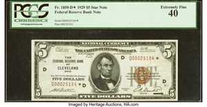 image for: Fr. 1850-D* $5 1929 Federal Reserve Bank Star Note. PCGS Extremely Fine 40....