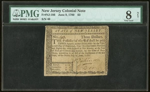 image for: New Jersey June 9, 1780 $3 PMG Very Good 8 Net....