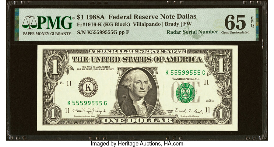 image for: Fancy Radar Serial Number 55599555 Fr. 1916-K $1 1988A Federal Reserve Note. PMG Gem Uncirculated 65 EPQ....