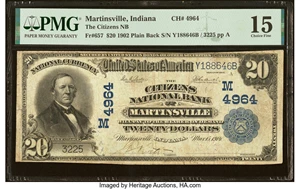 image for: Martinsville, IN - $20 1902 Plain Back Fr. 657 The Citizens National Bank Ch. # (M)4964 PMG Choice Fine 15....