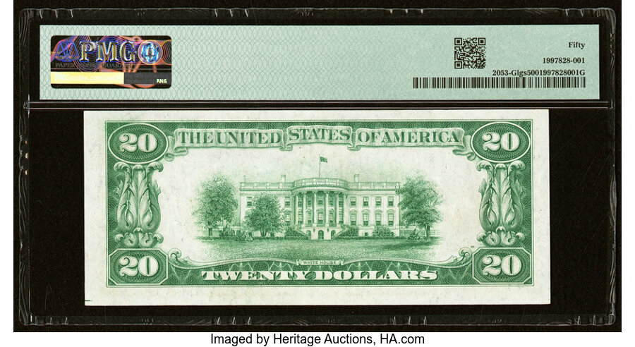 image for: Fr. 2053-G $20 1928C Light Green Seal Federal Reserve Note. PMG About Uncirculated 50....