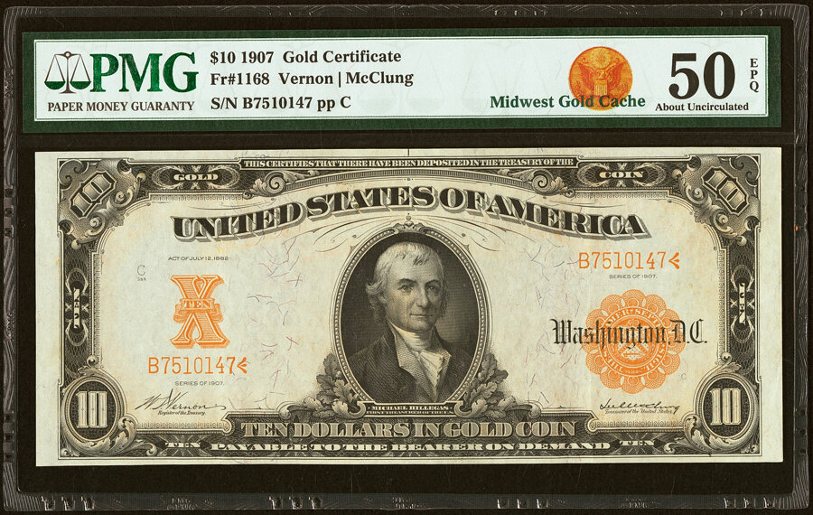 image for: Fr. 1168 $10 1907 Gold Certificate PMG About Uncirculated 50 EPQ....