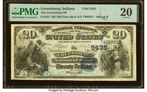 image for: Greensburg, IN - $20 1882 Date Back Fr. 555 The Greensburg National Bank Ch. # (M)5435 PMG Very Fine 20....