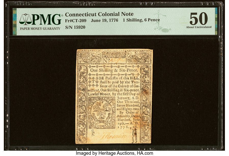 image for: Uncancelled Connecticut June 19, 1776 1s 6d PMG About Uncirculated 50....