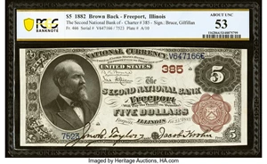 image for: Freeport, IL - $5 1882 Brown Back Fr. 466 The Second National Bank Ch. # 385 PCGS Banknote About Unc 53....