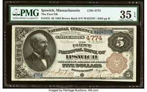image for: Ipswich, MA - $5 1882 Brown Back Fr. 472 The First National Bank Ch. # 4774 PMG Choice Very Fine 35 EPQ....