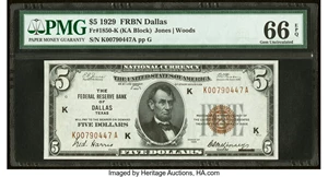 image for: Fr. 1850-K $5 1929 Federal Reserve Bank Note. PMG Gem Uncirculated 66 EPQ....