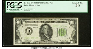 image for: Fr. 2152-B* $100 1934 Light Green Seal Federal Reserve Star Note. PCGS Extremely Fine 40....