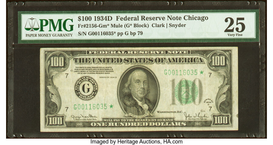 image for: Fr. 2156-G* $100 1934D Federal Reserve Star Note. PMG Very Fine 25....