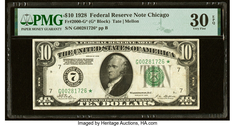 image for: Fr. 2000-G* $10 1928 Federal Reserve Star Note. PMG Very Fine 30 EPQ....