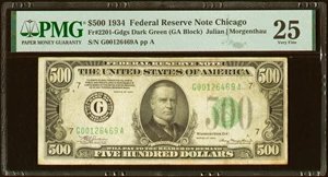image for: Fr. 2201-G $500 1934 Federal Reserve Note. PMG Very Fine 25....