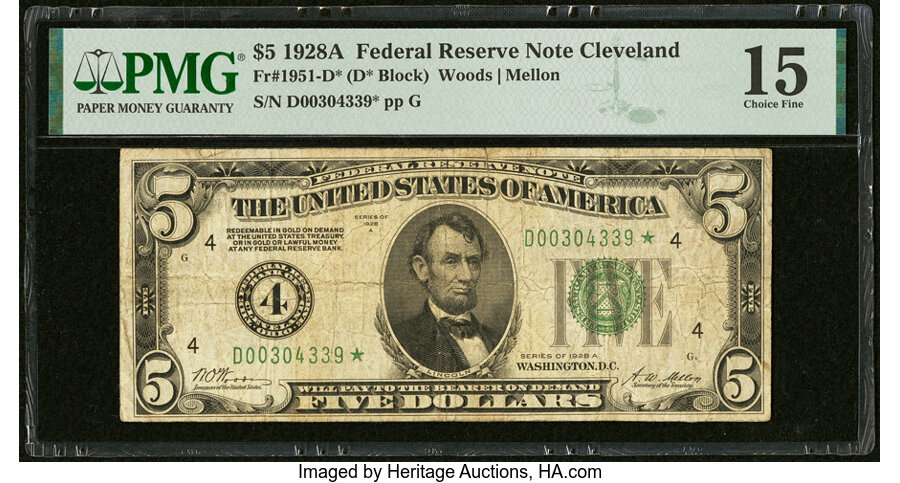 image for: Fr. 1951-D* $5 1928A Federal Reserve Star Note. PMG Choice Fine 15....