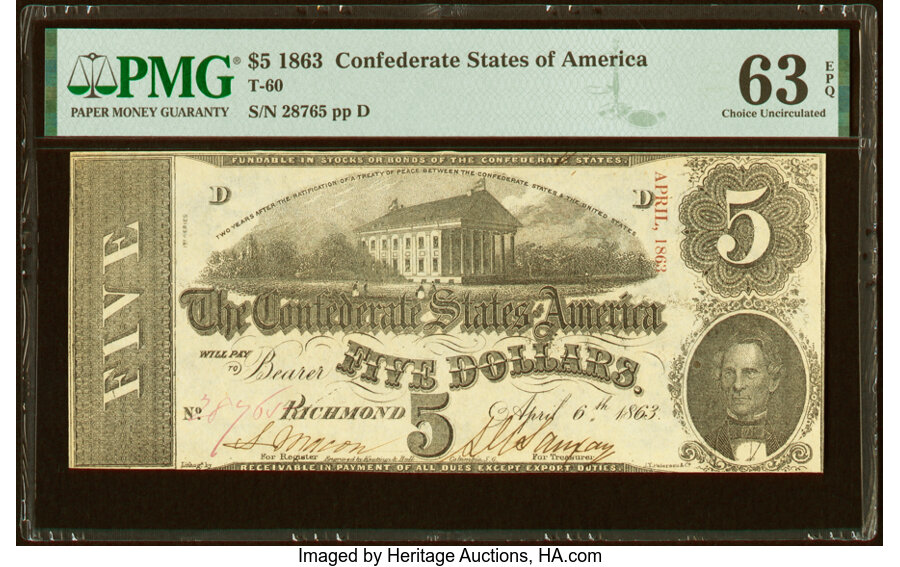 image for: T60 $5 1863 PF-4 Cr. 450 PMG Choice Uncirculated 63 EPQ....