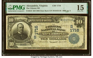 image for: Alexandria, VA - $10 1902 Date Back Fr. 619 The Citizens National Bank Ch. # (S)1716 PMG Choice Fine 15....