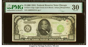 image for: Fr. 2211-G $1,000 1934 Light Green Seal Federal Reserve Note. PMG Very Fine 30....