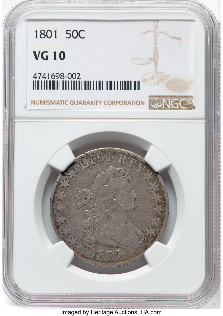 image for: 1801 50C O-102, T-1, R.4, VG10 NGC. NGC Census: (9/96).  Mintage 30,289....
