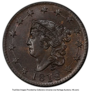 image for: 1818 1C N-10, R.1, MS63 Brown PCGS. Mintage 3,167,000....