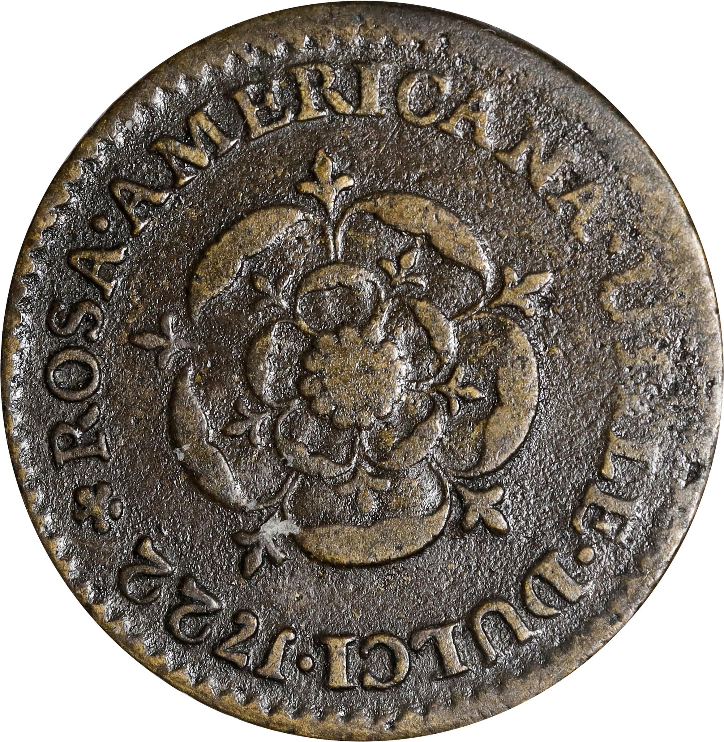 image for: 1722 Rosa Americana Halfpenny. Martin 3.3-C.1, W-1222. Rarity-5. DEI GRATIA REX / UTILE DULCI. Fine, Environmental Damage.